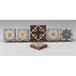 Six GRUEBY geometric tiles, five 3" sq. with a white Moorish star on a pale blue ground (small ch…