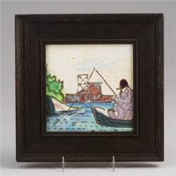 HARRIS STRONG tile decorated in squeezebag with a man fishing in a boat by a bridge. Mounted in A…