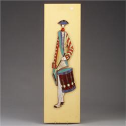 HARRIS STRONG vertical tile panel of a Colonial drummer composed of brocade tiles on lacquered iv…