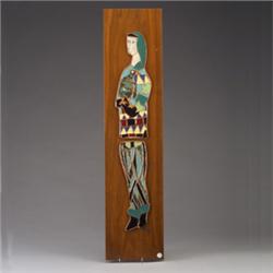 HARRIS STRONG vertical tile panel of a jester composed of brocade tiles on varnished walnut board…