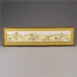HARRIS STRONG horizontal five-tile panel of a tropical village landscape, mounted on a linen pane…