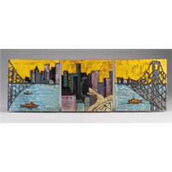 Tryptich of HARRIS STRONG tiles depicting New York City scenes, two of the Brooklyn Bridge, and o…