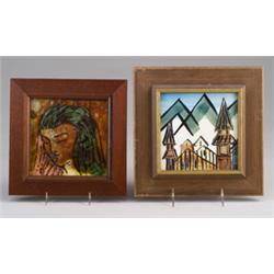 Two HARRIS STRONG single-tile panels, one tin-glazed with an alpine landscape outlined in black, …