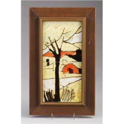 HARRIS STRONG two-tile vertical panel, decorated in squeezebag with houses in a village, in brigh…