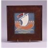 Image 1 : MOSAIC tile molded with Viking ship in brown, white, and red semi-matte glaze on a blue-green gro…
