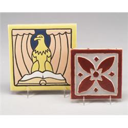 Two MOSAIC tiles, 1940s, one representing Saint Matthew with an Eagle and a bible in yellow and p…