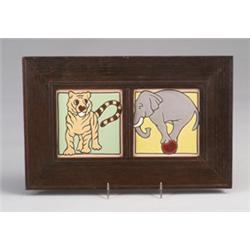 Two MOSAIC tiles decorated in cuerda seca, one with a whimsical tiger, the other with an elephant…