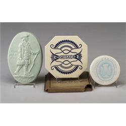 Three Midwestern commemorative paperweights: FRANKLIN oval embossed image of Benjamin Franklin, i…