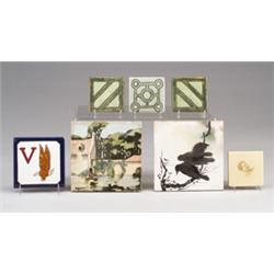 Seven assorted tiles: three EMPIRE 3" sq. with geometric cuerda seca designs (1/2) in greens; one…