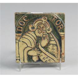 MORAVIAN tile from the Canterbury Tales, "Doctor," covered in ivory and green semi-matte glaze. U…