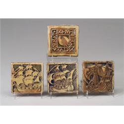 Four MORAVIAN tiles, three embossed with ships, Aves (chip to edge), the Bounty, and the Santa Ma…