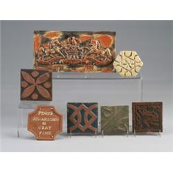Seven MORAVIAN tiles, mostly 4" sq., including The Rainmaker (in as-is condition), several floral…