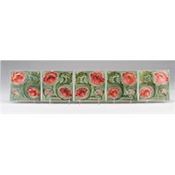 Five frieze tiles by ERNST TEICHERT (Germany) molded with red poppies on grayish-green ground (tw…