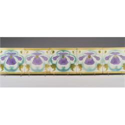 Five LE GLAIVE (Belgium) frieze tiles, decorated in cuenca with purple poppies with amber leaves …