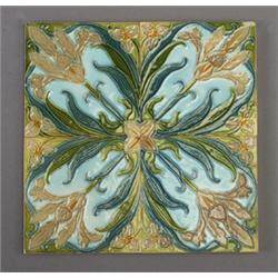 Two sets of four GILLIOT & Cie. (Hemiksem, Belgium) tiles decorated in cuenca with taupe irises a…