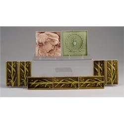 Nine TRENT tiles: seven 3" x 6" border tiles with wheat stalks and butterflies, brown-green glaze…