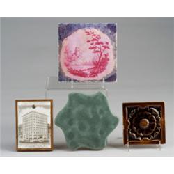 Four assorted American tiles: ROOKWOOD floriform trivet in matte blue-gray; Boston 1906 calendar;…