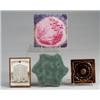 Image 1 : Four assorted American tiles: ROOKWOOD floriform trivet in matte blue-gray; Boston 1906 calendar;…