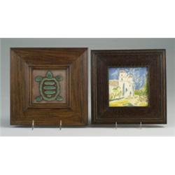 Two California tiles: a SOLON AND SCHLEMMEL red clay tile incised and glazed with a turtle in gre…