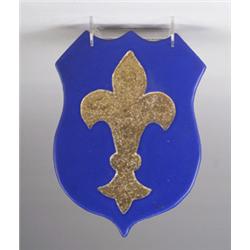 FRANKLIN coat-of-arms-shaped tile, impressed with a fleur-de-lys in gold on a matte cobalt ground…