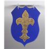 Image 1 : FRANKLIN coat-of-arms-shaped tile, impressed with a fleur-de-lys in gold on a matte cobalt ground…