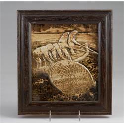Large studio faience tile molded to depict four Native Americans fishing off a boat with large ci…