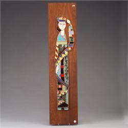 HARRIS STRONG vertical tile panel with queen, brocade tiles on walnut board. Remnant of yellow la…