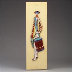 HARRIS STRONG vertical tile panel of a Colonial drummer composed of brocade tiles on lacquered iv…
