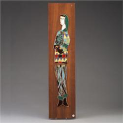 HARRIS STRONG vertical tile panel with jester brocade tiles on walnut board. Small chip to edge o…