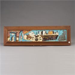 HARRIS STRONG horizontal five-tile panel of a Colonial motif in landscape, framed. Studio mounted…