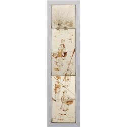 Five-tile vertical frieze, china-painted with a Dutch scene of children carrying baskets and fish…