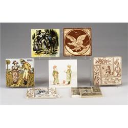 Seven English tiles: three with transfer designs by KATE GREENAWAY,Summer, Little Bo Peep, Little…
