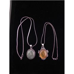 2 Sterling Pendants Oval Amber, Hematite Necklaces