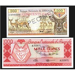 Banque Nationale du Rwanda. 1964-78 Issues, 500, 1000 Francs.
