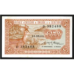 Rwanda-Burundi. Banque d'Emission du Rwanda et du Burundi 5 Francs. Pick #1a.