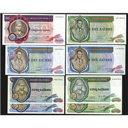 Banque du Zaire. 1976-1981 Issues, 5 (4); 10 (3); 50 Zaires. 8 notes