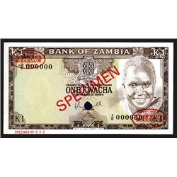 Zambia. Bank of Zambia. 1 Kwacha. Pick #19s. Specimen.