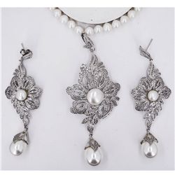 Pearl Necklace Pendant Earring Set