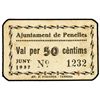 Image 1 : 50 Cèntims. Juny 1937. Aj. de PENELLES. Cartón. (Algo sucio). RARO. AT-1800. EBC.