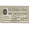 Image 1 : 25 Céntimos. 1 Junio 1937. CONSEJO MUNICIPAL de LÉCERA. COLECTIVIDAD LIBRE (Zaragoza). (Roturas en p