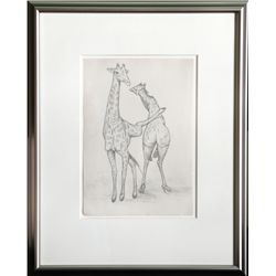 Michelle Rollman, Giraffe Kicking Giraffe, Drawing on Printed Paper