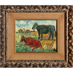 David Burliuk, Red Cow, Green Cow, Oil Painting