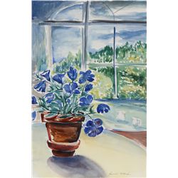 Harold Wallerstein, Blue Flowers in the Window, Watercolor