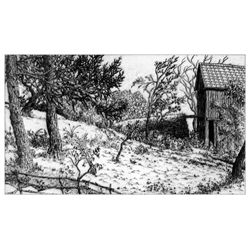 Jack Beal, Barn From House, Line Etching