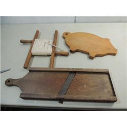 LOT 3 ANTIQUE WOOD KITCHEN TOOLS: CABBAGE SHREDDER