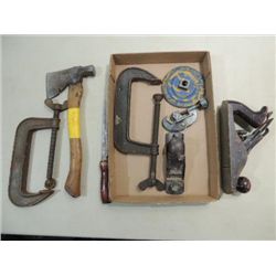 LOT 7 SHOP TOOLS: 2 C CLAMPS, HACHETTE, 2 WOOD