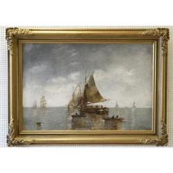 Olja, marin med segel- och roddbatar, sign. Vuillemot, 60*100, mindre krackelyrer och reva....