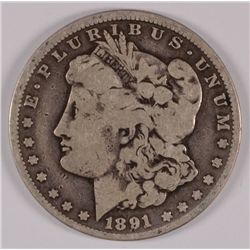 1891-CC MORGAN SILVER DOLLAR, VG