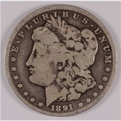 1891-CC MORGAN SILVER DOLLAR, VG