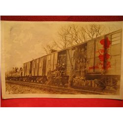 POST CARDS RPPC Original WWI WW1 World War I Photo of GROUP OF Soldiers in Uniform BOX CART Train